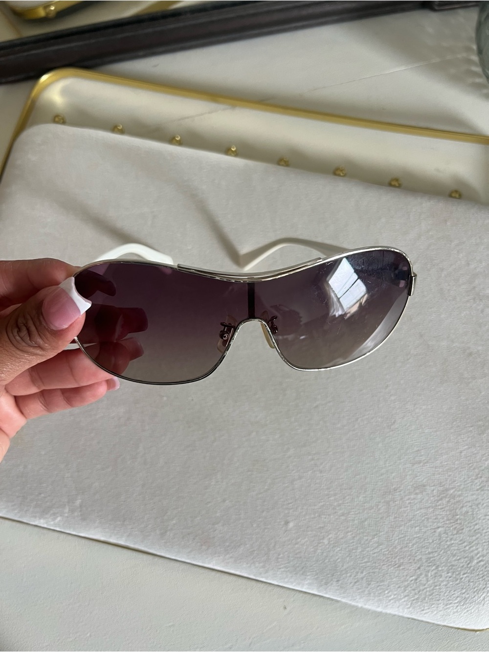 Coach Sunglasses White Frame Gold Logo Tinted Aviator Shield Style